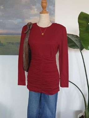 Vintage 80s Silk/wool Blend Long Sleeve Ruched Waist Fitted Tunic in Deep Red